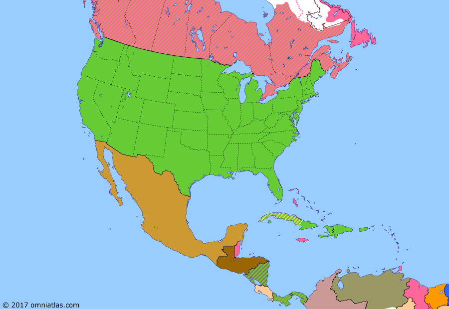 Political map of North America & the Caribbean on 12 Nov 1921 (American Empire: Washington Naval Conference), showing the following events: American Expeditionary Force Siberia; Obregón's revolt; Carranza flees Mexico City; End of Mexican Revolution; Thomson-Urrutia Treaty; Republic of Central America; Washington Naval Conference.