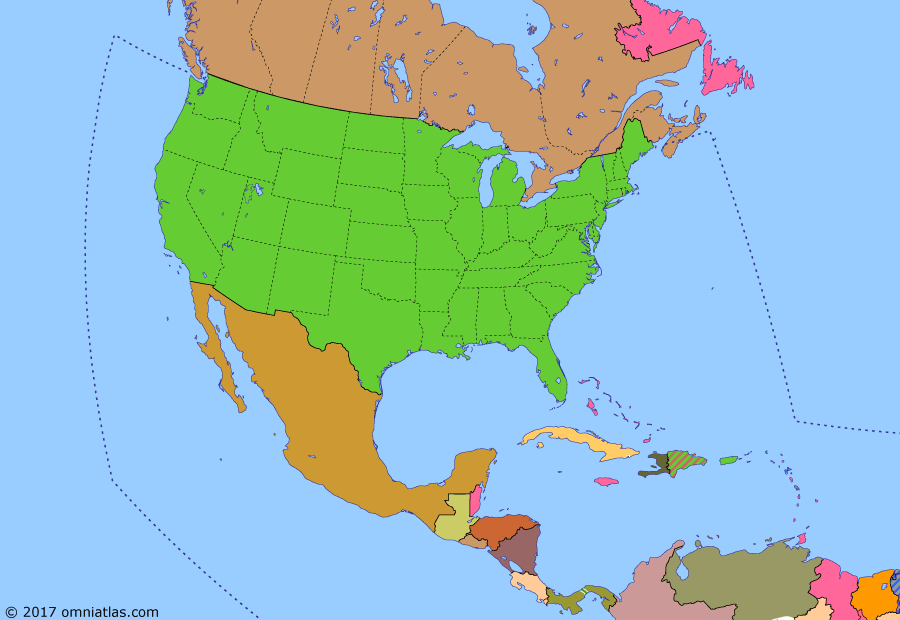 Political map of North America & the Caribbean on 08 Mar 1941 (American Superpower: Lend-Lease), showing the following events: Clipperton restored to France; Japanese invasion of China; Germany invasion of Poland; Declaration of Panama; Second Armistice at Compiègne; Destroyers for Bases Agreement; Tripartite Pact; Lend-Lease.