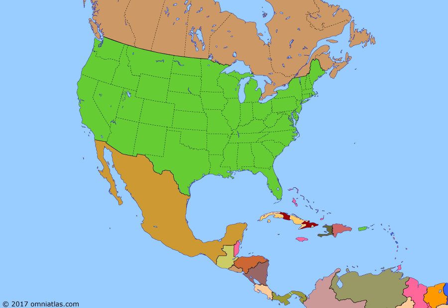 Political map of North America & the Caribbean on 01 Jan 1959 (American Superpower: Cuban Revolution), showing the following events: RDS-1; People's Republic of China; Korean War; Batista seizes power in Cuba; Civil Rights Movement; Castro arrives in Cuba on Granma; Sputnik; West Indies Federation; Operation Verano; Overthrow of Batista.