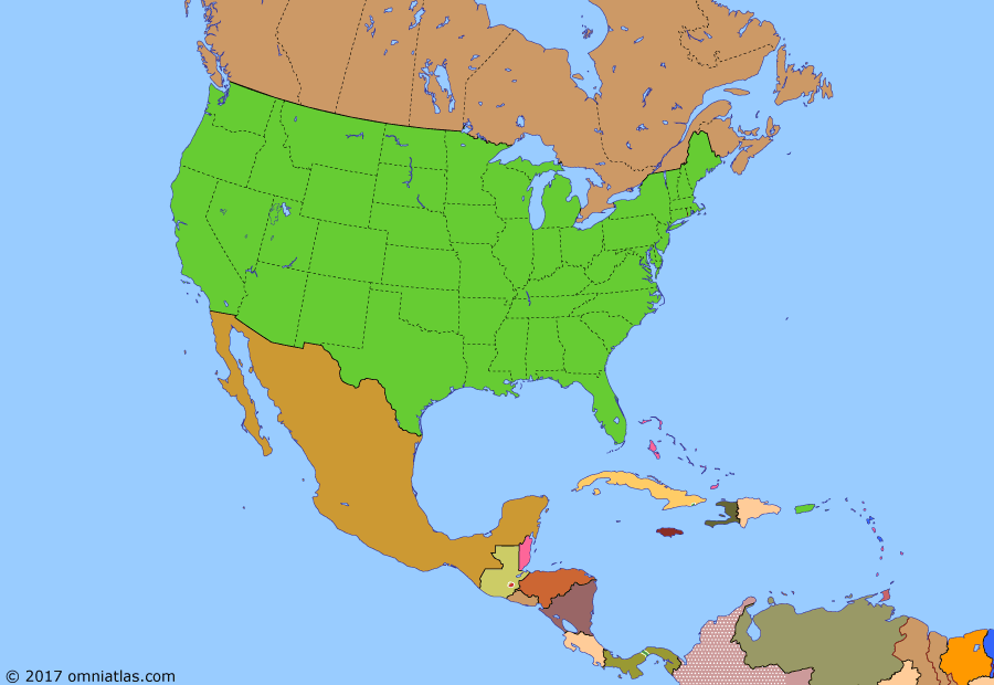 Political map of North America & the Caribbean on 26 May 1966 (American Superpower: Operation Power Pack), showing the following events: Kennedy assassinated; Panama Riots; Gulf of Tonkin incident; Gulf of Tonkin Resolution; Dominican Civil War; Operation Power Pack; Inter-American Peace Force; Guyana independent.