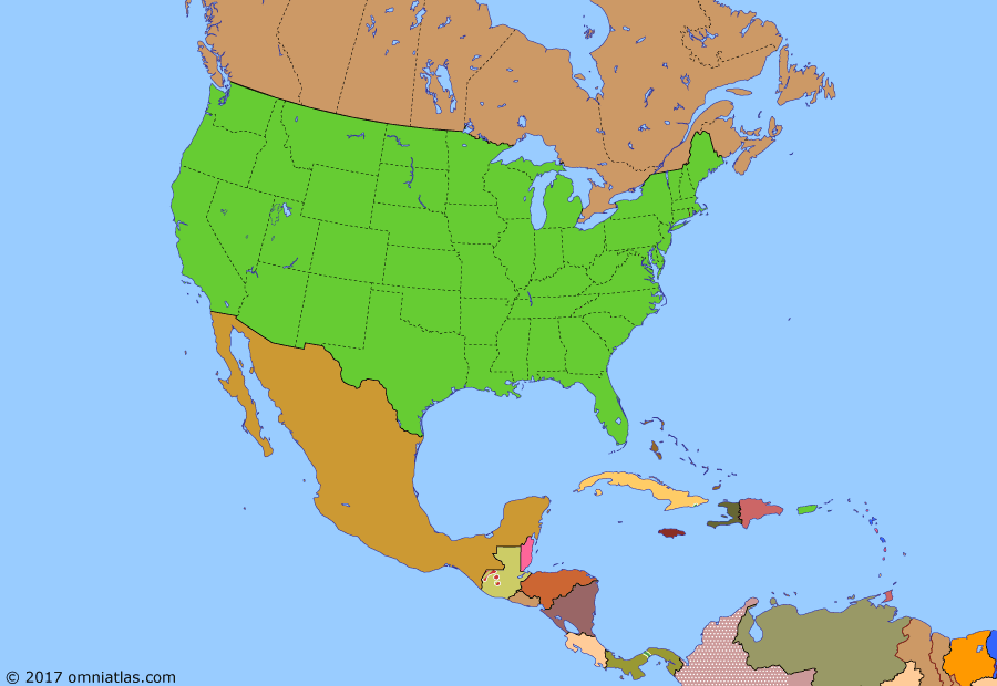 Political map of North America & the Caribbean on 09 Aug 1974 (American Superpower: Counterculture Revolution), showing the following events: Barbados independent; Republic of Anguilla; Football War; First humans land on moon; SALT I; October Crisis; Nixon visit to China; Paris Peace Accords; Bahamas independent; 1973 Oil Crisis; Independence of Grenada; Nixon resigns.