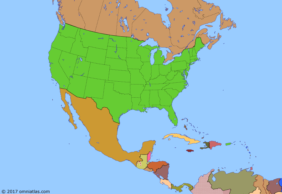 Political map of North America & the Caribbean on 27 Oct 1979 (American Superpower: Decolonization in the Caribbean), showing the following events: Spring Offensive; Independence of Suriname; Nicaraguan Revolution; Independence of Dominica; Independence of Saint Lucia; Panama Canal Treaty effective; First Revolutionary Government Junta; Independence of St Vincent & Grenadines.