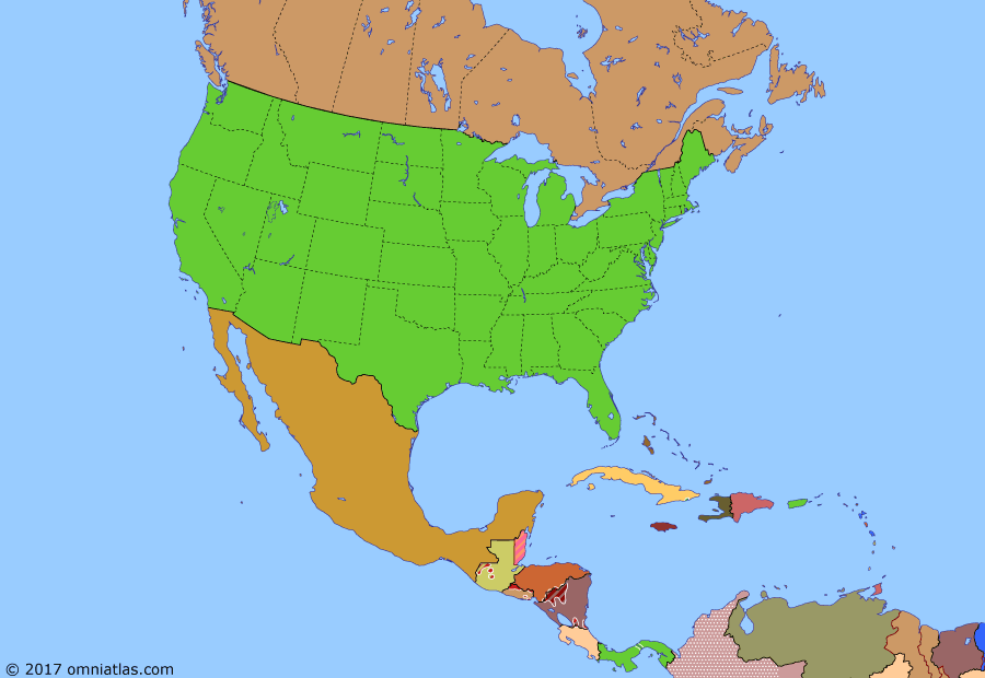 Political map of North America & the Caribbean on 22 Dec 1989 (American Superpower: End of the Cold War), showing the following events: SDI program started; Mikhail Gorbachev; Iran-Contra affair; Soviet withdrawal from Afghanistan; Fall of the Berlin Wall; Operation Just Cause.