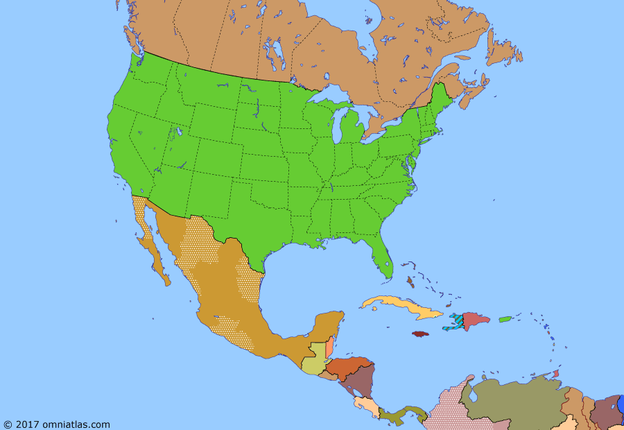 Political map of North America & the Caribbean on 26 Nov 2014 (American Superpower: Mexican Drug War), showing the following events: Operation Enduring Freedom; Operation Iraqi Freedom; US occupation of Haiti; Cuba-Venezuela Agreement; Hurricane Katrina; Mexican Drug War; Subprime mortgage crisis; Haiti earthquake.