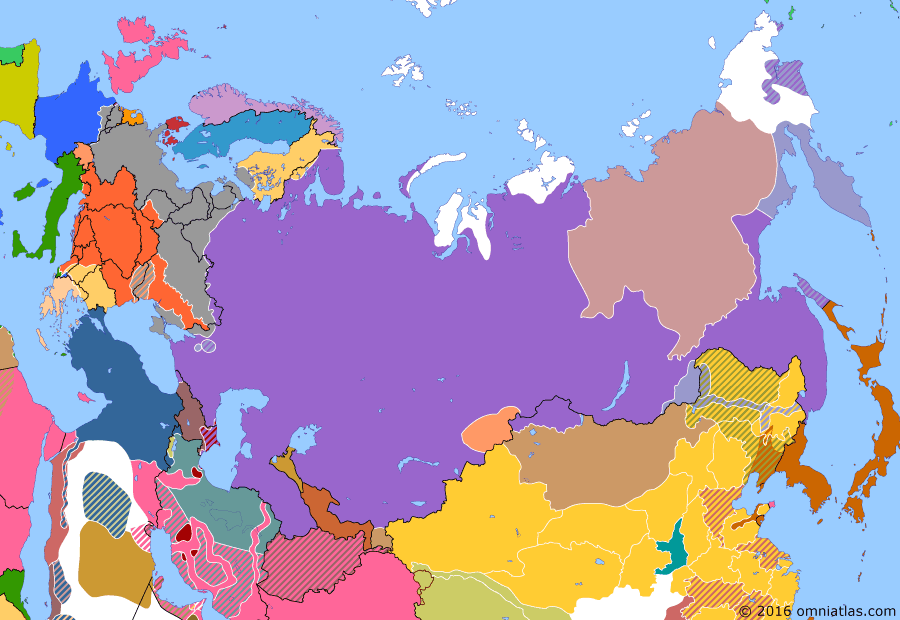 Political map of Russia & the former Soviet Union on 01 May 1918 (The Great War and the Revolution: Treaty of Brest-Litovsk), showing the following events: Government of Yakutia declares independence; Renewed German offensive on Russian front; Treaty of Brest-Litovsk; Moscow replaces Petrograd as capital of Russia; Germans take Helsingfors (Helsinki) from Red Finns.