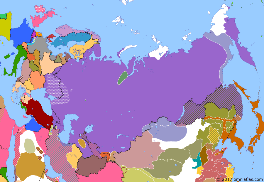 Political map of Russia & the former Soviet Union on 08 Jun 1921 (The Russian Civil War: The Green Phase: Von Sternberg in Mongolia), showing the following events: Ungern-Sternberg takes Urga, Mongolia; Socialist Conciliar Republic of Georgia; Okhotsk coast and eastern Yakutia revolt, reinforced by White general Bochkaryov; Kronstadt Rebellion; Treaty of Moscow; Peace of Riga; Ukrainian Socialist Conciliar Republic established; Byelorussian Soviet Socialist Republic established.