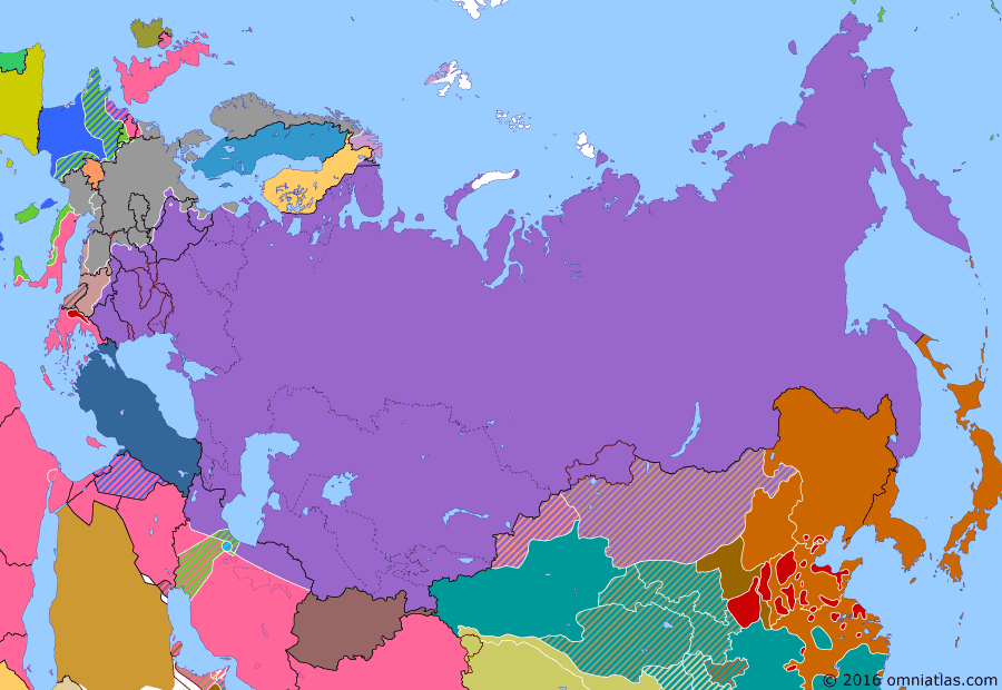 Political map of Russia & the former Soviet Union on 08 Feb 1945 (The Great Patriotic War: Germany at Bay: From the Vistula to the Oder), showing the following events: Belgrade Offensive; Soviet Union annexes Tuvan People's Republic; Operation Manna; Budapest Offensive; Second East Turkestan Republic; Battle of the Bulge; Vistula-Oder Offensive; Yalta Conference.