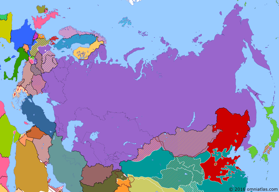 Political map of Russia & the former Soviet Union on 24 Jun 1948 (Soviet Superpower: Berlin Blockade), showing the following events: Reoccupation of Iranian Azerbaijan; Bizone; Paris Peace Treaties; Paris Peace Treaties; Partition of India; Marshall Plan; Berlin Blockade.
