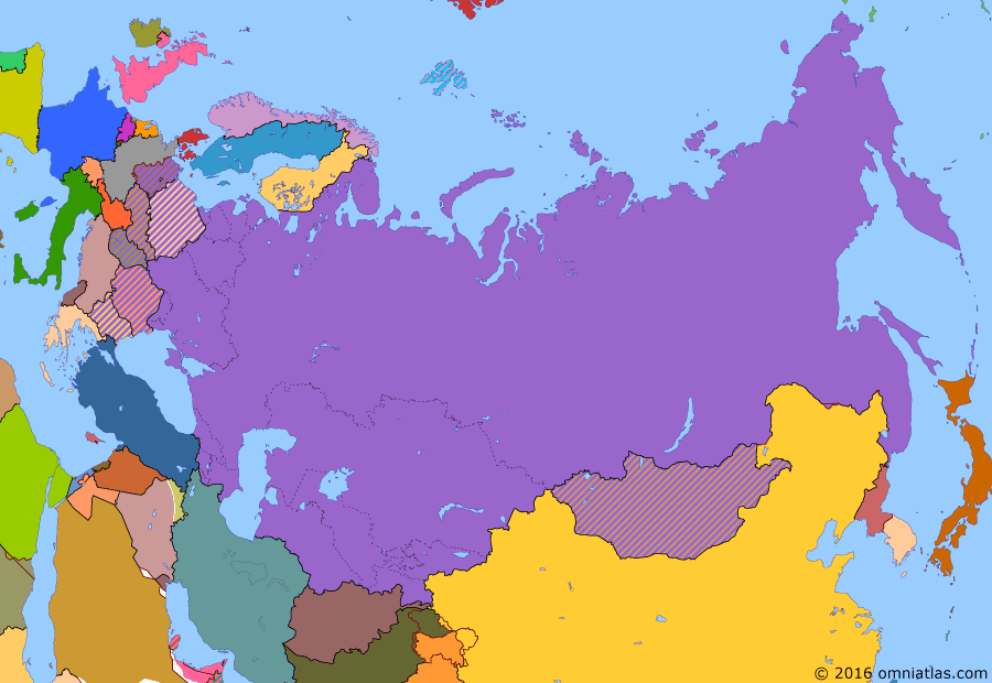 Political map of Russia & the former Soviet Union on 26 Jun 1963 (Soviet Superpower: Height of the Cold War), showing the following events: Return of Dairen; Karelo-Finnish SSR abolished; Soviet-Japanese Joint Declaration; Suez Crisis; Hungarian Revolution; Sputnik; Berlin Wall; Cuban Missile Crisis; China-Mongolian Border Treaty.