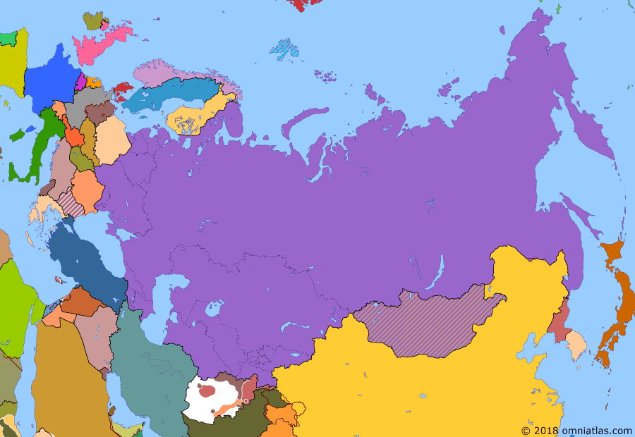 Political map of Russia & the former Soviet Union on 23 Dec 1989 (Soviet Superpower: Glasnost), showing the following events: Soviet withdrawal from Afghanistan; Soviet legislative election; Tadeusz Mazowiecki of Solidarity appointed Prime Minister of Poland; Removal of Hungary's border fence; Fall of the Berlin Wall; Velvet Revolution; Romanian Revolution.