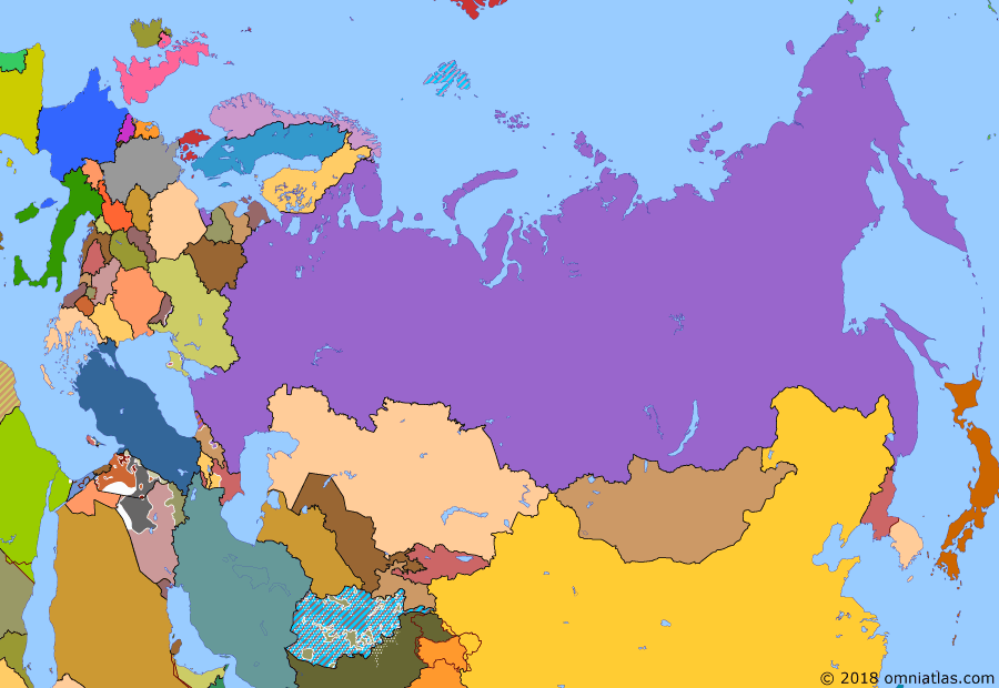 Political map of Russia & the former Soviet Union on 27 Feb 2014 (Successors of the Soviet Union: Crimean Crisis), showing the following events: 2009 expansion of NATO; US withdrawal from Iraq; Second Kyrgyz Revolution; European Debt Crisis; Death of Osama bin Laden; Syrian Civil War; Euromaidan Revolution; Crimean Crisis.