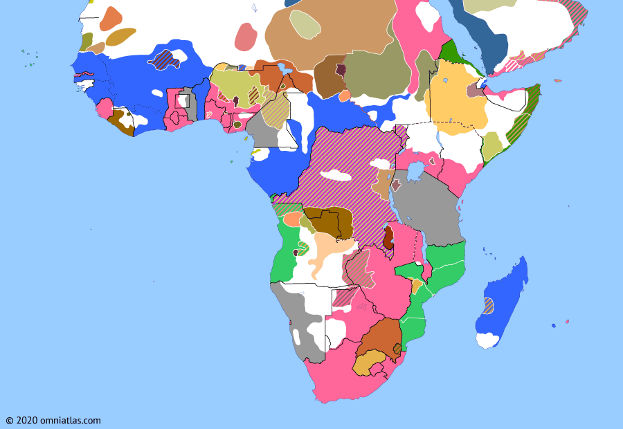 Political map of Sub-Saharan Africa on 19 Sep 1898 (The Scramble for Africa: Fashoda Incident), showing the following events: Third Mandingo War; Niger Convention; Marchand Mission; Anglo-German Agreement of 1898; Battle of Omdurman; Fashoda Incident.