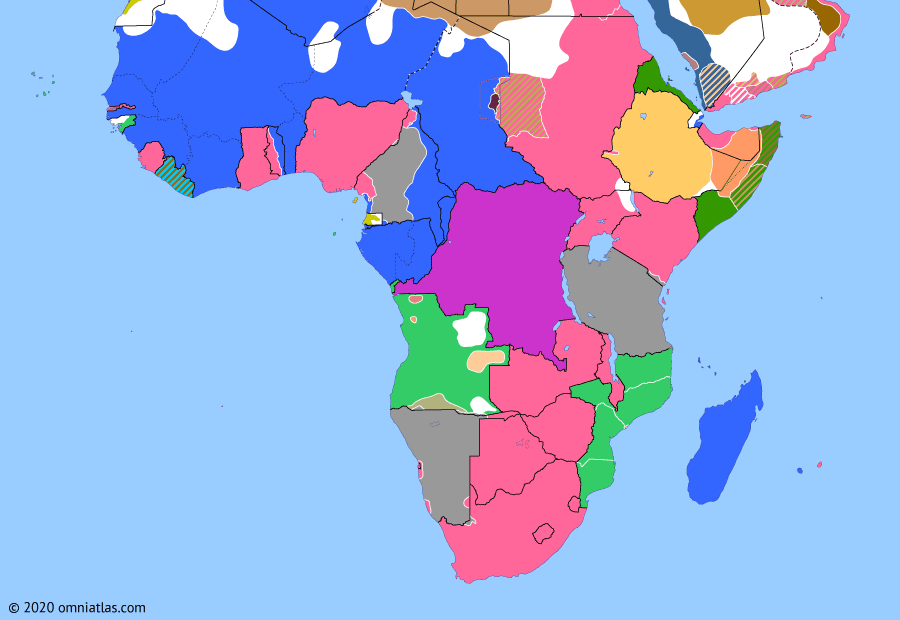 Political map of Sub-Saharan Africa on 04 Feb 1915 (World War I in Africa: Early Victories of the Schutztruppe), showing the following events: Ottoman entry into World War I; German campaign in Angola; Battle of Tanga; Battle of Kilimanjaro; Ottoman Jihad; Chilembwe uprising; Battle of Kakamas.