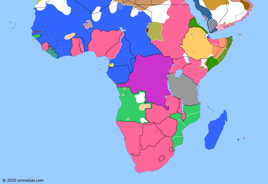 Political map of Sub-Saharan Africa on 01 Mar 1916 (World War I in Africa: Senussi and Darfur Campaigns), showing the following events: Volta-Bani War; Aulihan revolt; Senussi Campaign; Battle for Lake Tanganyika; Firhoun’s 1916 revolt; Darfur enters World War I.