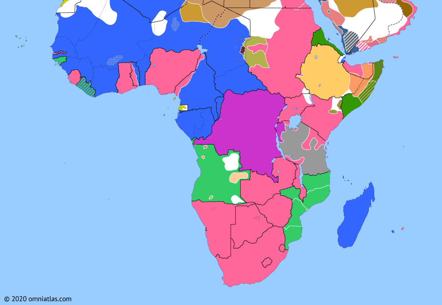 Political map of Sub-Saharan Africa on 07 Aug 1916 (World War I in Africa: East African Campaign), showing the following events: 1916 East African Offensive; Portugal enters World War I; Darfur Expedition; Kaocen revolt; Apostasy of Lij Iyasu; Tabora Offensive; Battle of Mecca.