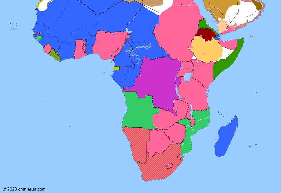 Political map of Sub-Saharan Africa on 27 Apr 1929 (Africa between the World Wars: Trans-African Routes), showing the following events: Firestone Concession Agreement; Anglo-Italian Notes on Ethiopia; Compagnie Générale Transsaharienne; Belgian-Portuguese Agreement; Trans-African Railway; Kongo-Wara Rebellion; Gugsa Wale’s rebellion.