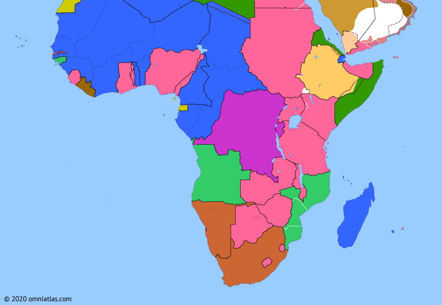 Political map of Sub-Saharan Africa on 16 Jan 1935 (Africa between the World Wars: Abyssinia Crisis), showing the following events: Statute of Westminster; Establishment of Saudi Arabia; Chancellor Adolf Hitler; Sara Triangle; Abyssinia Crisis; Mussolini-Laval Accord; Italian East Africa.