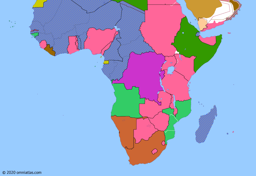 Political map of Sub-Saharan Africa on 24 Jun 1940 (World War II in Africa: World War II and the Fall of France), showing the following events: Germany invasion of Poland; Declaration of War on Germany; South Africa enters World War II; Belgian Congo in WWII; Italian entry into World War II; Invasion of French Somaliland; Second Armistice at Compiègne.