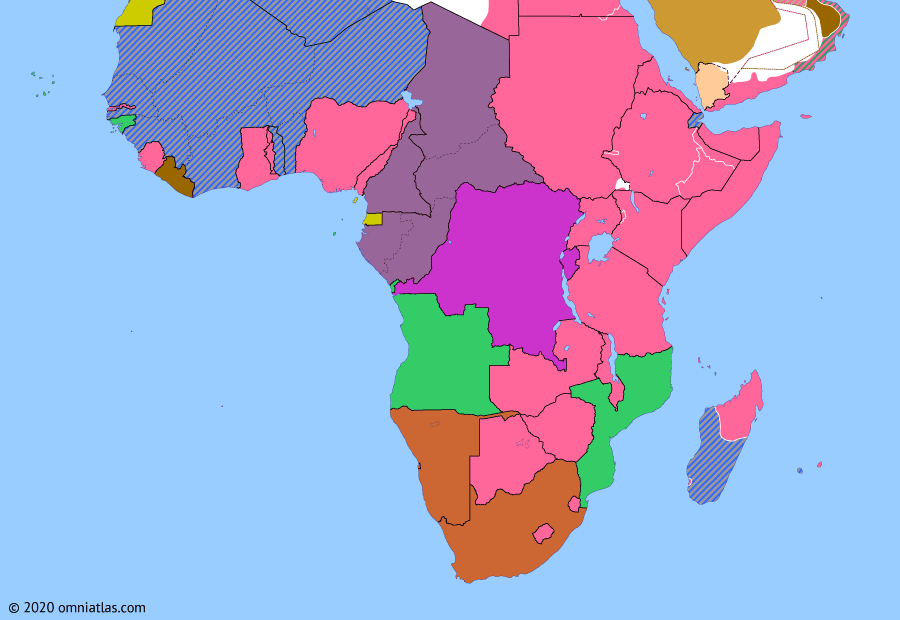 Political map of Sub-Saharan Africa on 29 Sep 1942 (World War II in Africa: Occupation of Madagascar), showing the following events: Japanese raid on Madagascar; Battle of Midway; Operation Aïda; Operation Throat; Operation Stream Line Jane; Laconia incident; Occupation of Comoros.