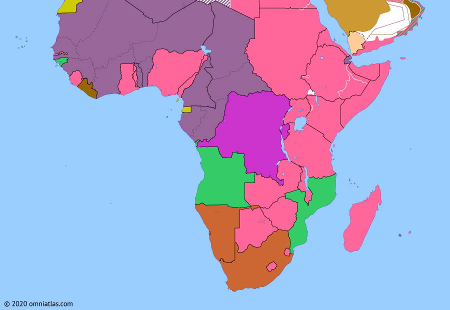 Political map of Sub-Saharan Africa on 03 Jun 1943 (World War II in Africa: French Committee of National Liberation), showing the following events: Battle of Réunion; Liberation of French Somaliland; Assassination of Darlan; Free French Madagascar; Casablanca Conference; Fall of Tunis; French Committee of National Liberation.