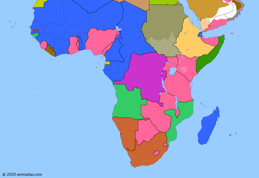 Political map of Sub-Saharan Africa on 01 Jan 1956 (Wind of Change: Independence of Sudan), showing the following events: Abolition of Egyptian Monarchy; Rhodesia & Nyasaland; Battle of Dien Bien Phu; Toussaint Rouge; Simonstown Agreement; First Sudanese Civil War begins; Independence of Sudan.