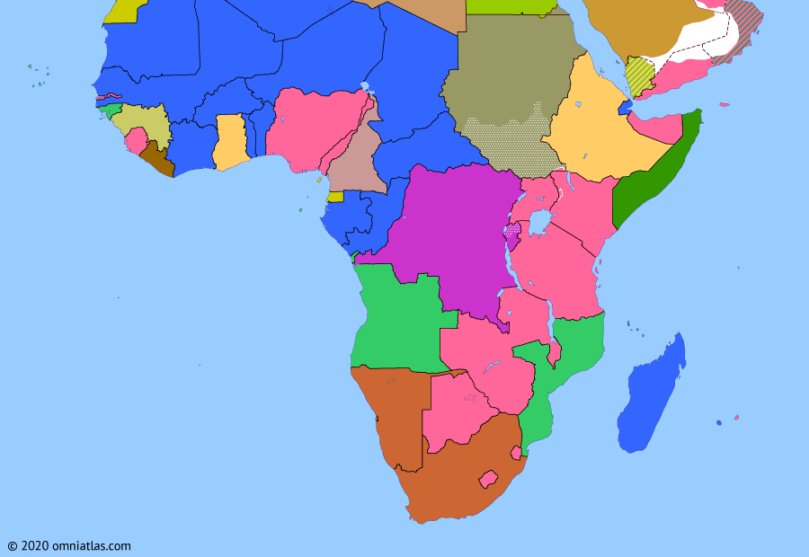 Political map of Sub-Saharan Africa on 03 Feb 1960 (Wind of Change: Year of Africa begins), showing the following events: Ghana-Guinea Union; End of French West Africa; End of French Equatorial Africa; Mali Federation; Rwandan Revolution; Independence of Cameroon; Wind of Change.