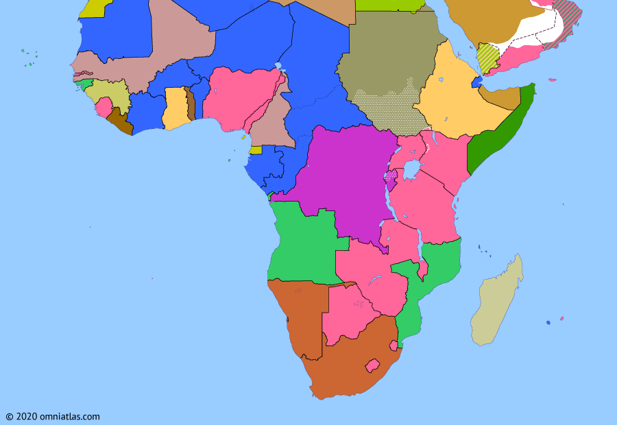 Political map of Sub-Saharan Africa on 26 Jun 1960 (Wind of Change: French Withdrawal from West Africa), showing the following events: Gerboise Bleue; Sharpeville massacre; Independence of Togo; Union of Central African Republics; Independence of Mali Federation; Independence of Madagascar; Independence of Somaliland.