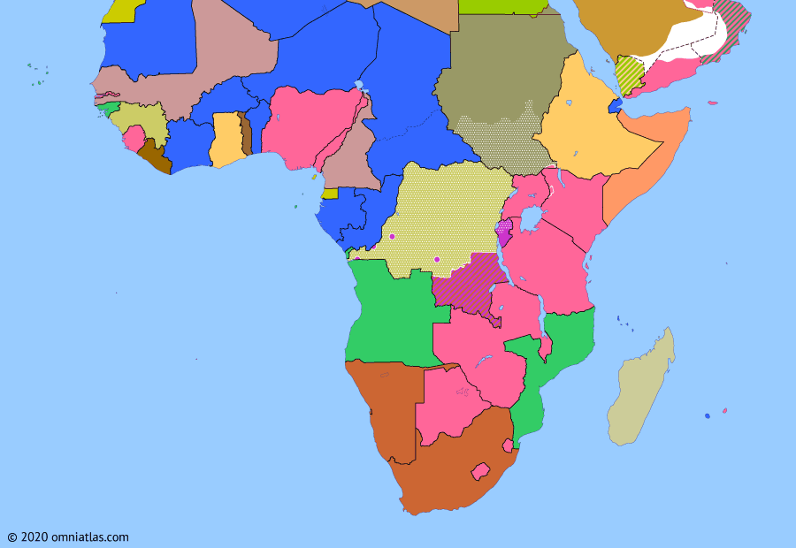 Political map of Sub-Saharan Africa on 14 Jul 1960 (Wind of Change: Congo Crisis), showing the following events: Independence of the Congo; Independence of Somalia; Force Publique mutiny; Belgian intervention in the Congo; Katanga secession; UNSC Resolution 143.