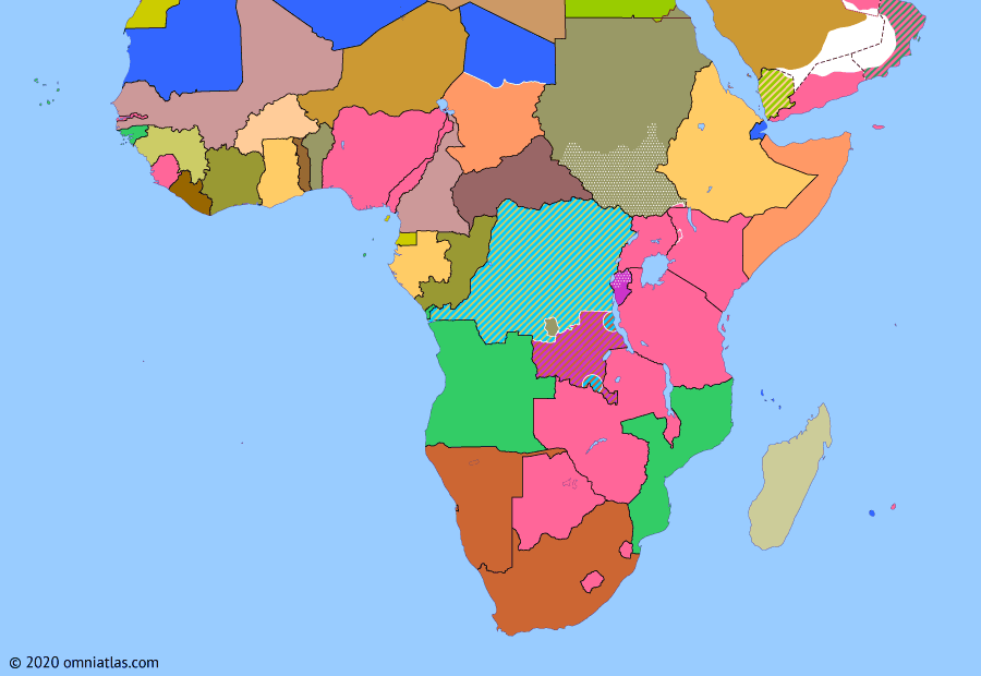 Political map of Sub-Saharan Africa on 17 Aug 1960 (Wind of Change: French Withdrawal from Equatorial Africa), showing the following events: Independence of Ivory Coast; Mining State of South Kasai; Independence of Chad; Independence of Central African Republic; Lumumba-Khrushchev agreement; Independence of Republic of Congo; Independence of Gabon.