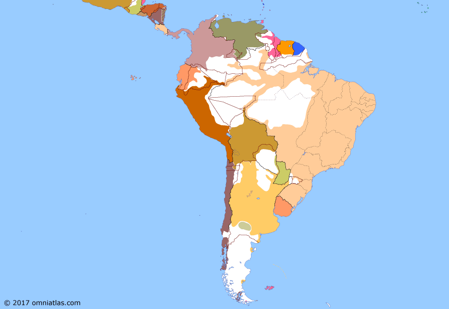 Political map of South American nations on 29 Apr 1879 (Rise of the Southern Cone: Conquest of the Desert), showing the following events: Eisenstuck Affair; Third Jordanist Rebellion; Battle of Pacocha; Ten Cents Tax; Conquest of the Desert; Hayes Award; Occupation of Antofagasta; Bolivian decree against Chile; War of the Pacific begins.