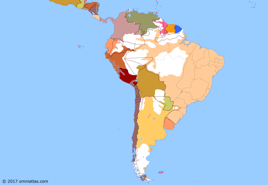 Political map of South American nations on 05 Nov 1883 (Rise of the Southern Cone: End of the War of the Pacific), showing the following events: Montero's mutiny; Mapuche uprising; Proclamation of Montán; Treaty of Mexico City; Treaty of Ancón; Cáceres's resistance.