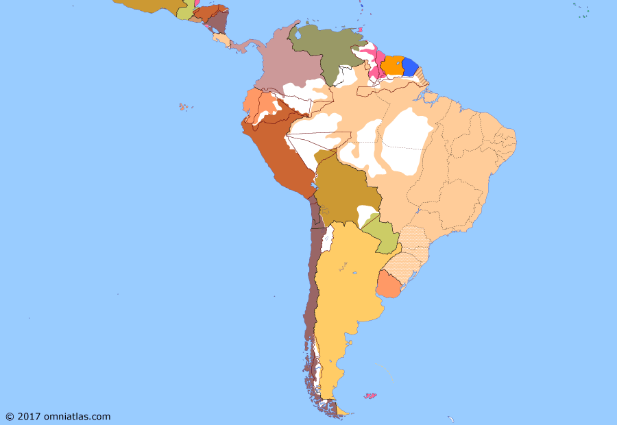 Political map of South American nations on 14 May 1895 (Border disputes and the Powers: Venezuela and Nicaragua Crises), showing the following events: Peruvian civil war; Annexation of Mosquito Reserve; Treaty of Benítez-Ichazo; Independent Territory of Amapá; Misiones Award; Venezuela Crisis; Nicaragua Crisis.