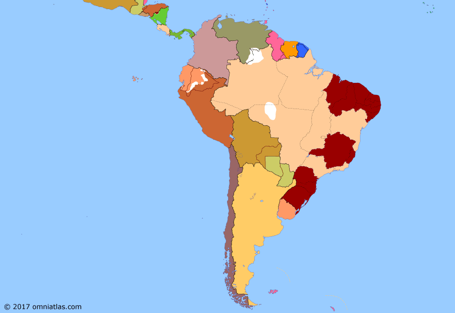 Political map of South American nations on 24 Oct 1930 (Border disputes and the Powers: Vargas Revolution), showing the following events: US intervention in Nicaragua; Treaty of Lima; Wall Street Crash; Princesa Revolt; Territory of Inini; Peruvian Coup; Infamous Decade; Vargas Revolution.