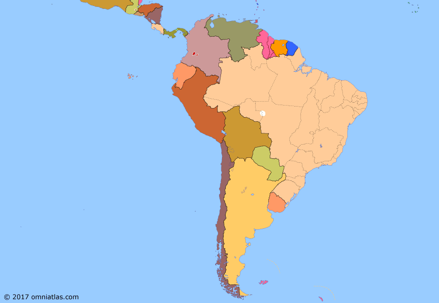 Political map of South American nations on 28 Oct 1962 (Pax Americana: Cold War reaches Latin America), showing the following events: Organization of American States; La Violencia; Opening Yanomami country; Overthrow of Batista; Founding of Brasília; 13 November Revolution; Renewal of Esequiba dispute; Trinidad & Tobago independent; Cuban Missile Crisis.