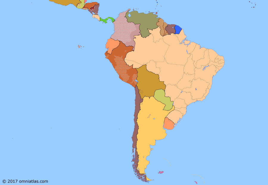 Political map of South American nations on 03 Jan 1990 (Pax Americana: US invasion of Panama), showing the following events: Operation Paraquet; Sinking of ARA General Belgrano; Recapture of Falkland Islands; M.R.T.A.; Operation Urgent Fury; State of Tocantins; Fall of the Berlin Wall; Operation Just Cause.